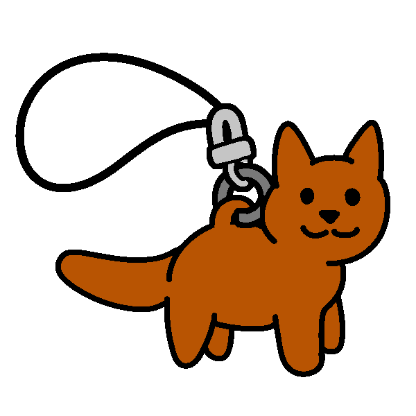 A smiling orange cat with a fastener and string loop attached to its back.